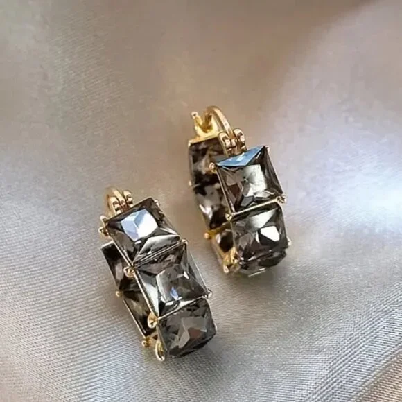 Gold Tone Huggie Earrings w/ Black Princess Cut Stones and Tons of Bling #1491 - Picture 2 of 4